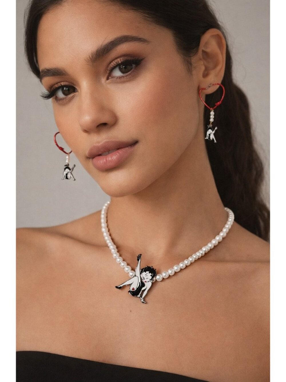 Betty Boop Faux Pearl Necklace & Heart Earring Set  Cute Cartoon Charm Jewelry